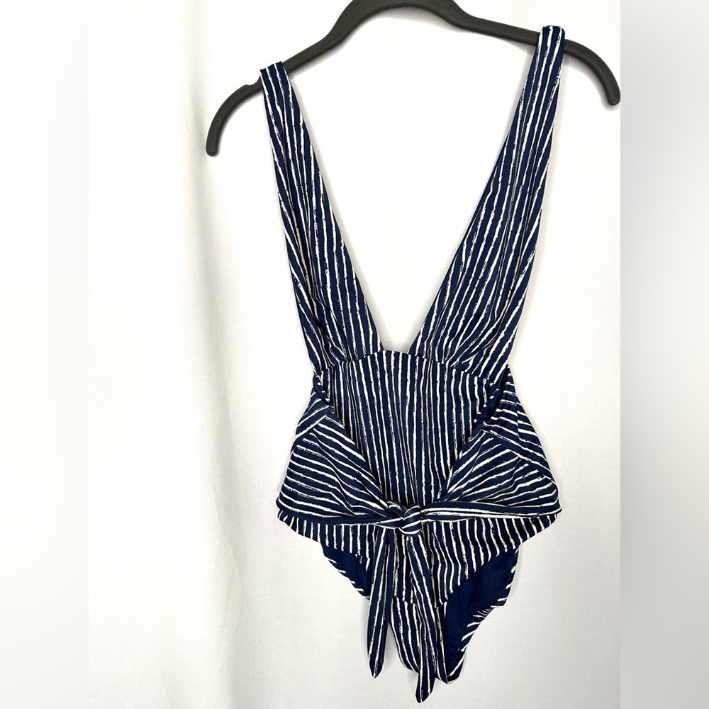 Envya Navy White Stripe Low Cut Tie Waist Bathing Suit Medium